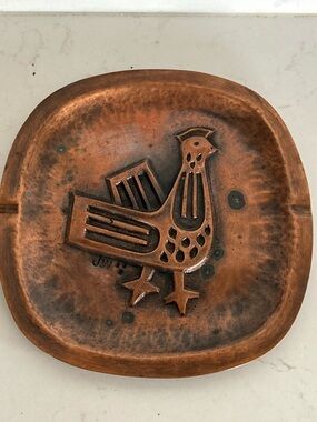 Mid-Century Modernist bird motif copper tray or wall plaque, artist signed.